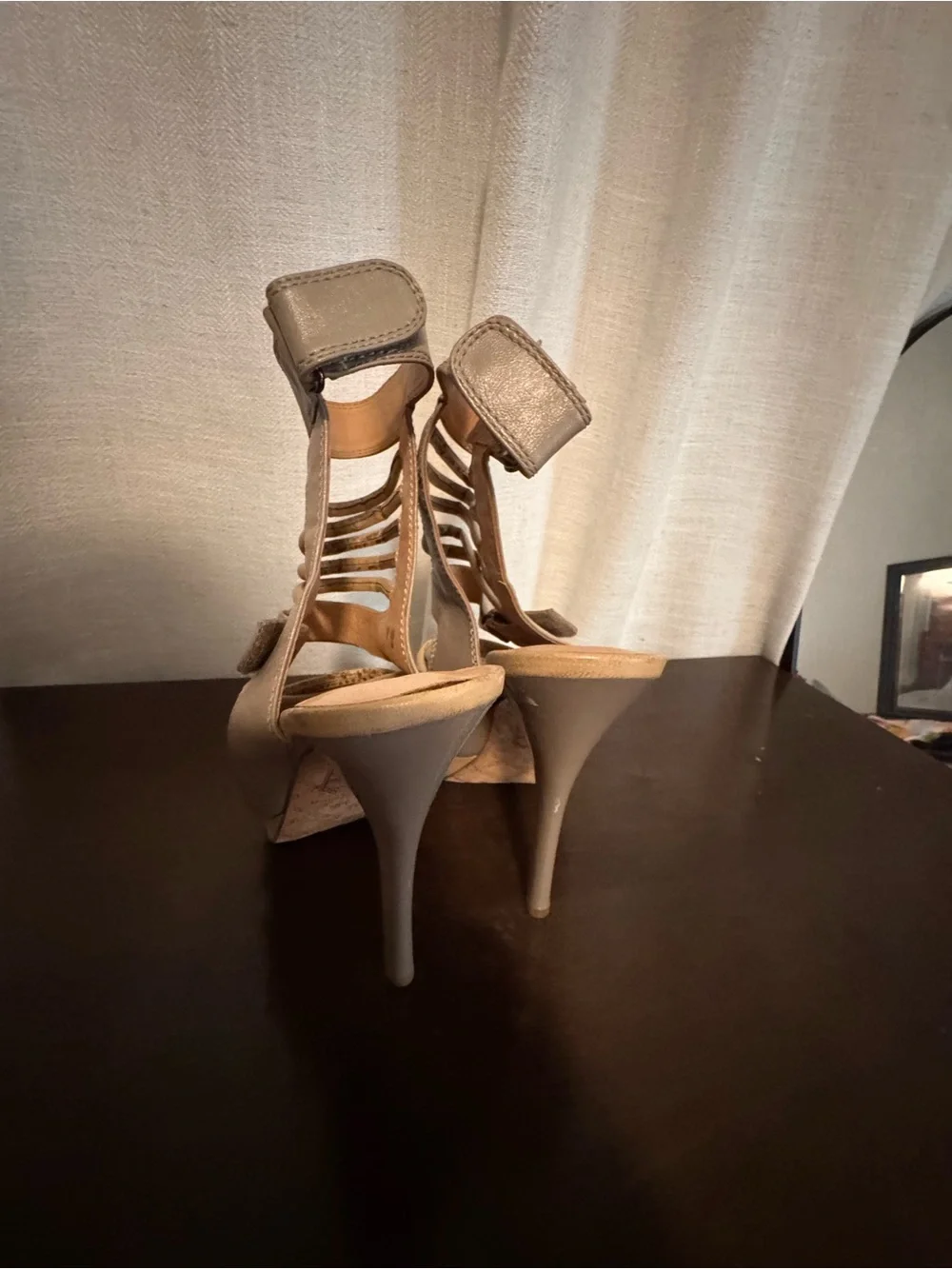 L.A.M.B. Strappy High Heel Sandals in Taupe